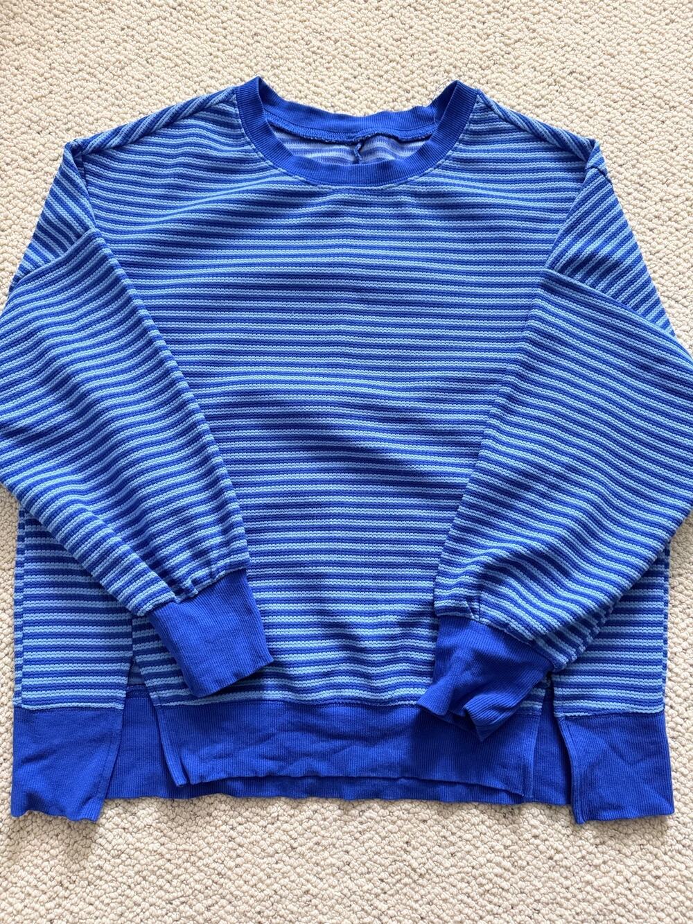 Womens Oversized Waffle Knit Pullover Blue Striped Thermal Top Side Slit Size S